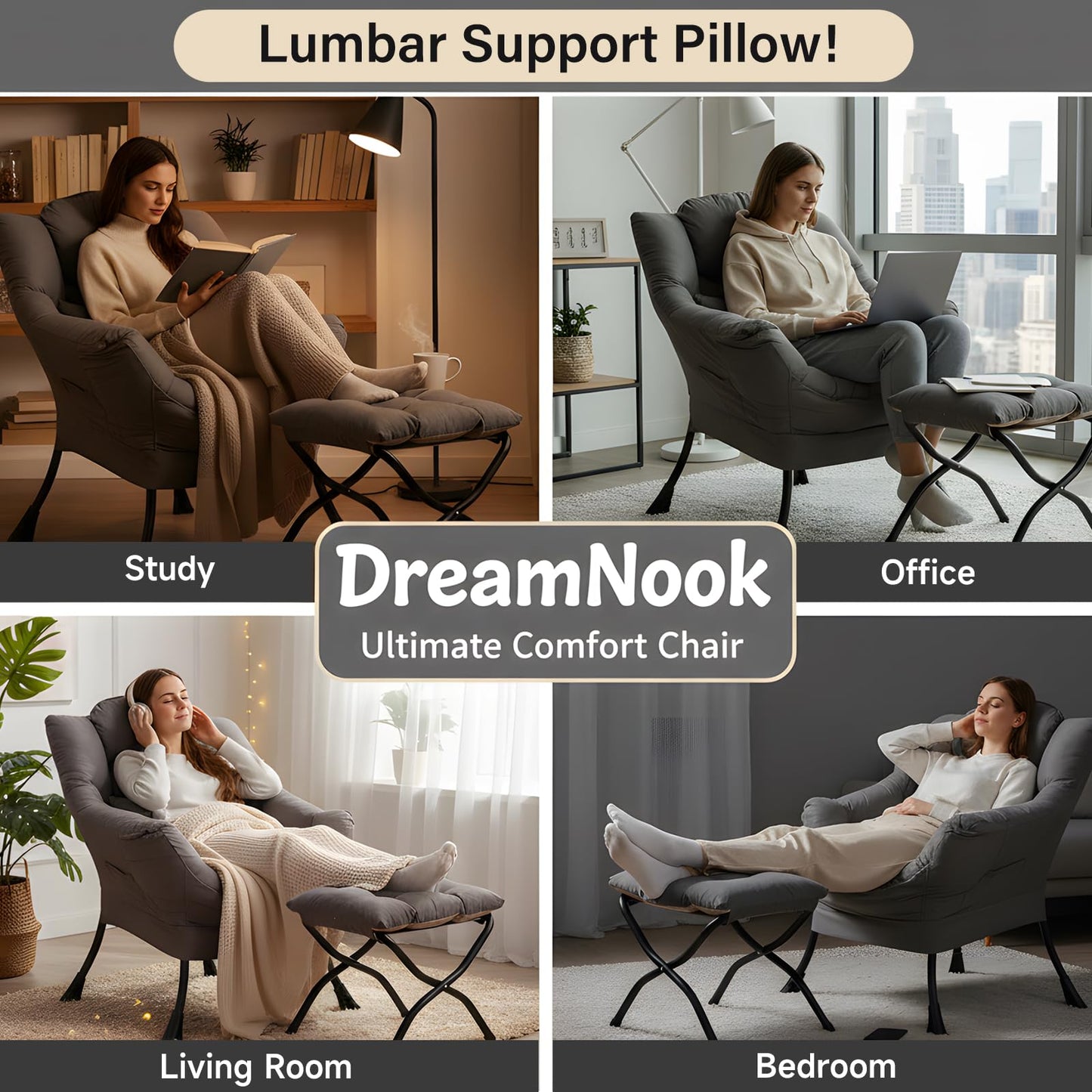 DreamNook Lazy Chair with Ottoman, Modern Accent Chair with Lumbar Pillow, Dark Grey Sofa, Armchairs with Folding Footrest, Oversized Supportive Chairs for Bedroom, Reading