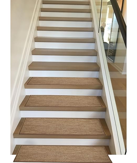 Natural Linen Stair Treads for Wooden Steps, 7 Pcs 8" x 30",Non Slip Stair Runner, Peel and Stick Carpet Indoor for Kids Elders and Pets (7, Brown, 8" x 30")
