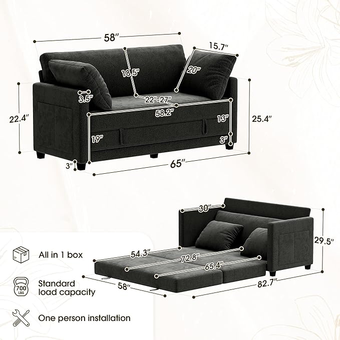 Myroyalsit 65" Convertible Loveseat Sofa Bed, 2-in-1 Folding Sofa Bed with 2 Pillow for Small Spaces, Modern Loveseat Sleeper Couch for Apartment, Living Room & Guest Room (Black Chenille, 65 inch)