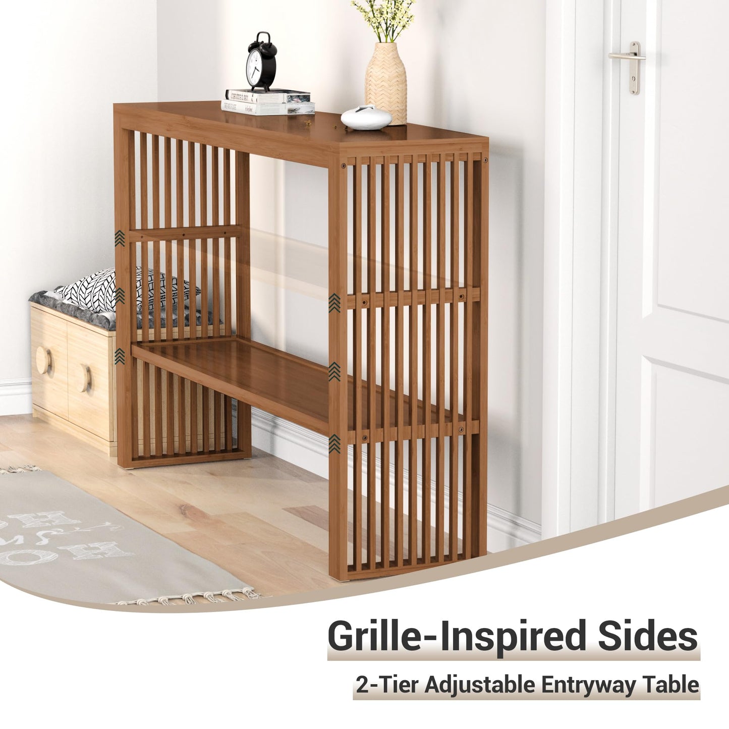 Bamboonova Bamboo Wood Entryway Table 47.2" Console Table, 2-Tier Farmhouse Narrow Sofa Table with Grille-Inspired Sides Easy Assembly for Entrance, Hallway, Living Room, Bedroom, Foyer(Walnut)