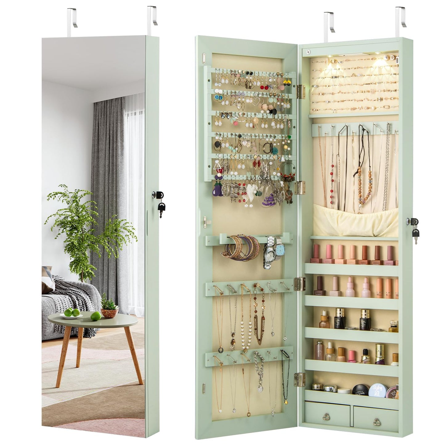 Giantex Wall Door Mounted Jewelry Armoire Cabinet with 47.5" Full Length Mirror, 2 LEDs Lockable Jewelry Organizers and Storage with 2 Drawers, Over the Door Jewelry Organizer Cabinet (Sage)