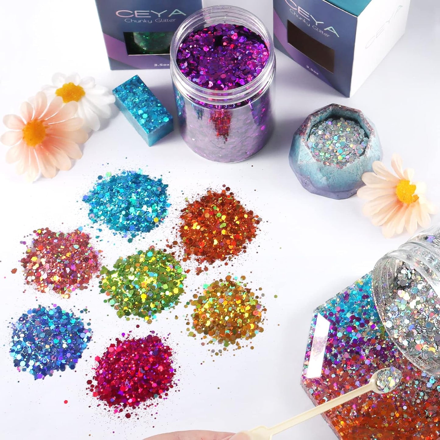 Ceya Holographic Chunky Glitter, 4.9oz/ 140g Diamond Silver Craft Glitter Powder Mixed Fine Flakes Iridescent Nail Sequins for Nail Art, Hair, Epoxy Resin, Tumblers, Slime, Painting, Festival Decor