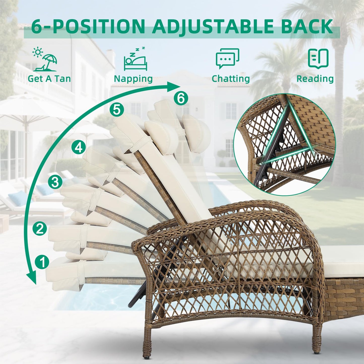 VIVIJASON 3 Pieces Outdoor Wicker Chaise Lounge Chair Set, All-Weather PE Rattan Cushioned Patio Lounger Set of 2 with Side Table, Adjustable Pool Sunbathing Recliner with Armrest & Pillow, Beige