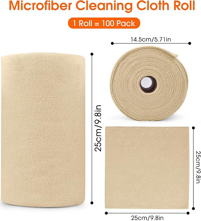 Microfiber Cleaning Cloth Roll–100 Pack, Tear Away Microfiber Towels, Reusable, Washable, Scratch-Free, Kitchen Towels for Car, Home, Kitchen, Glass, Dishes (Wheat Beige)