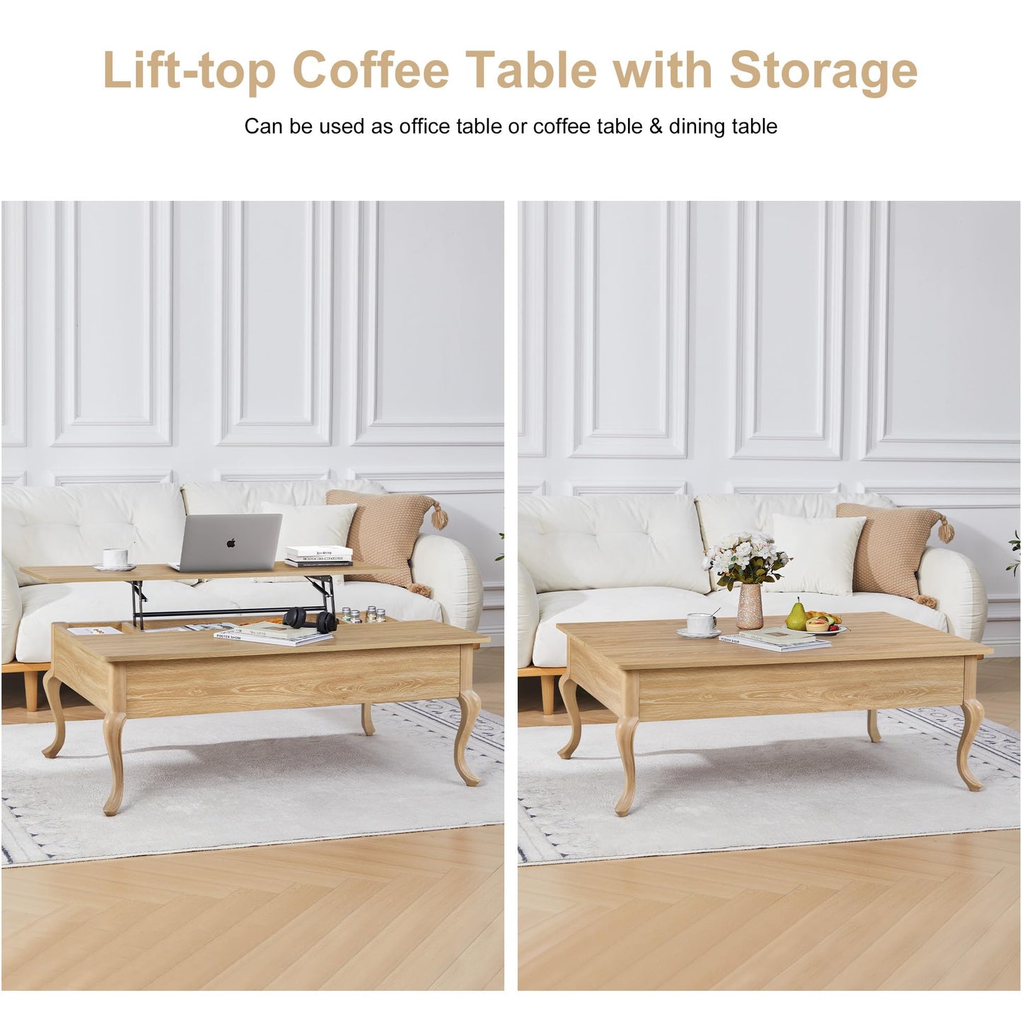 QEIUZON Lift Top Coffee Table, Farmhouse Coffee Table with Hidden Storage, Wood Center Table Dining Table for Living Room, Apartment, Home Office (Natural)
