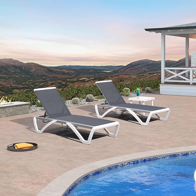 PURPLE LEAF Patio Chaise Lounge Chair Set of 3 Outside Aluminum Plastic Stackable Tanning Chairs for Pool Sunbathing Beach Deck Outdoor Lounger, Light Grey