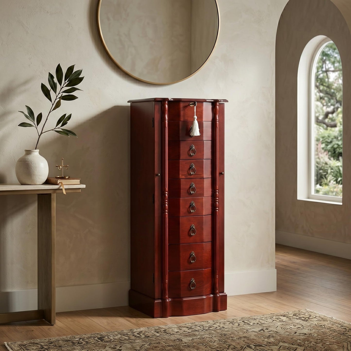 Hives and Honey Robyn Standing, Locking Antique Organizer with Mirror, 8 Drawers, Necklace Hooks, Anti-Tarnish Lining, Fully Assembled, Solid Wood Jewelry Armoire, 38"H x 14"W x 10"D, Cherry