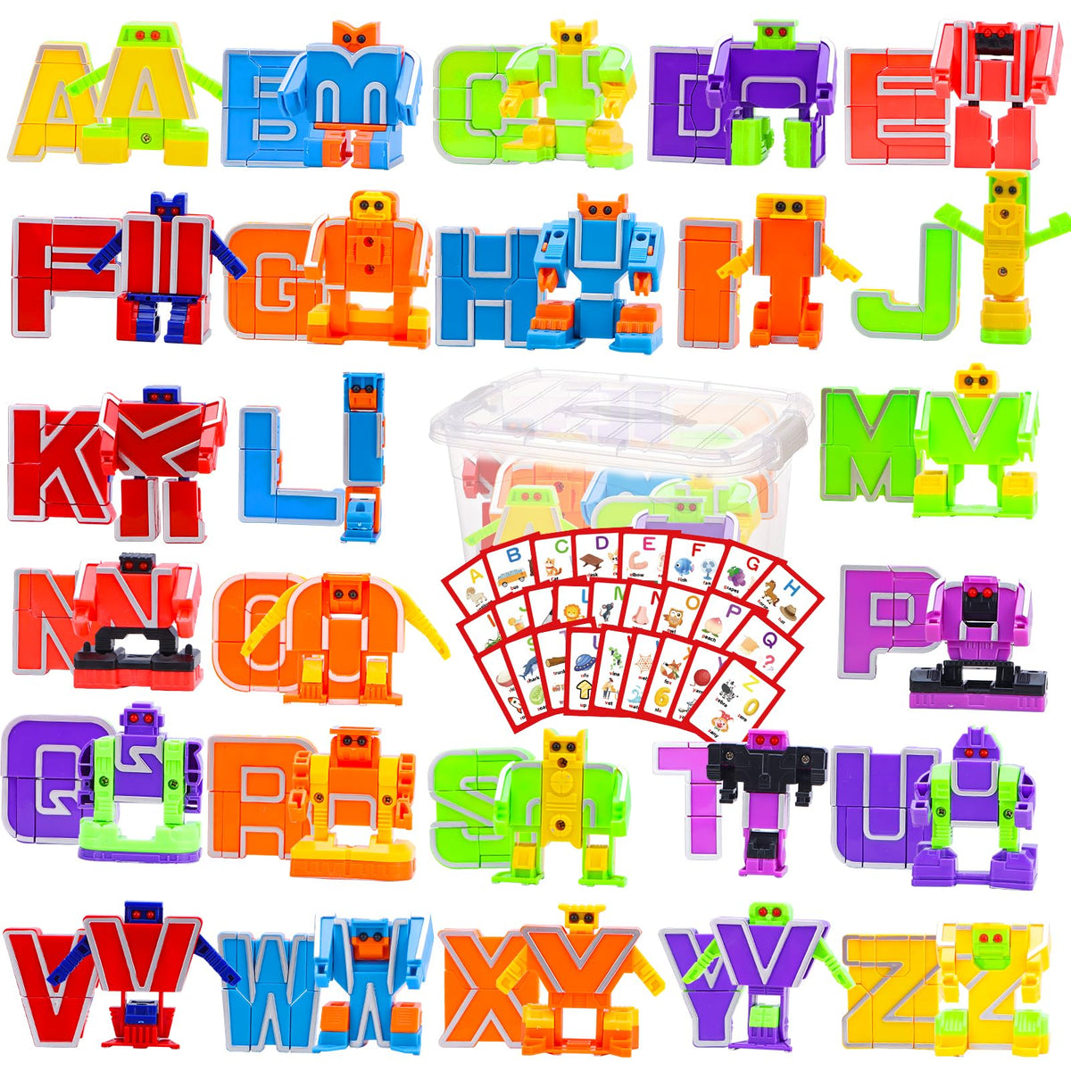 HOPANDOS Alphabet Robots Transforming Toys with 26 Phonics Cards & Storage Box, Toddlers Education Toy, ABC Learning Robots for Kids Ages 3-7 Boys and Girls Birthday Gifts
