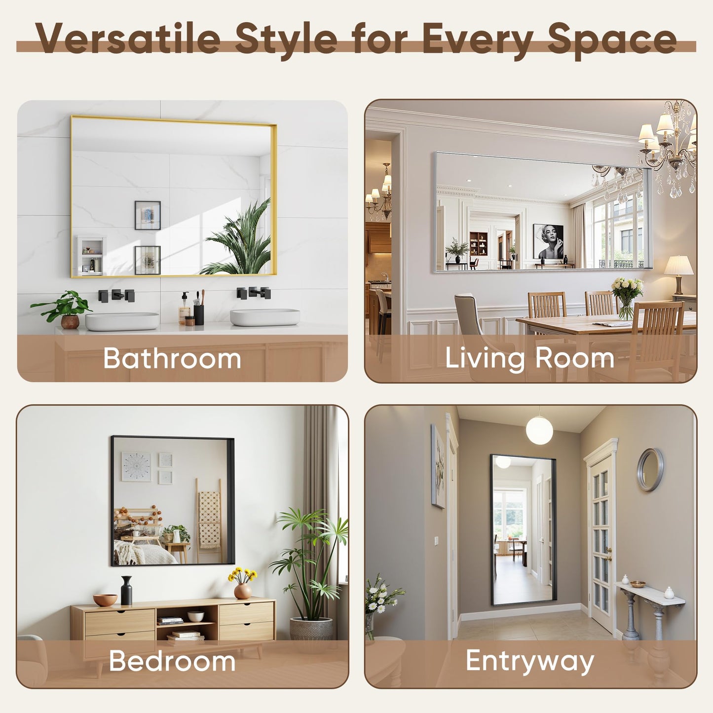 Furnbar Gold Bathroom Mirror 55x30 Inch, Rectangle Mirror with Metal Deep Frame, Wall Mirrors for Over Sink, Vanity, Bedroom, Bathroom, Hangs Horizontally or Vertically