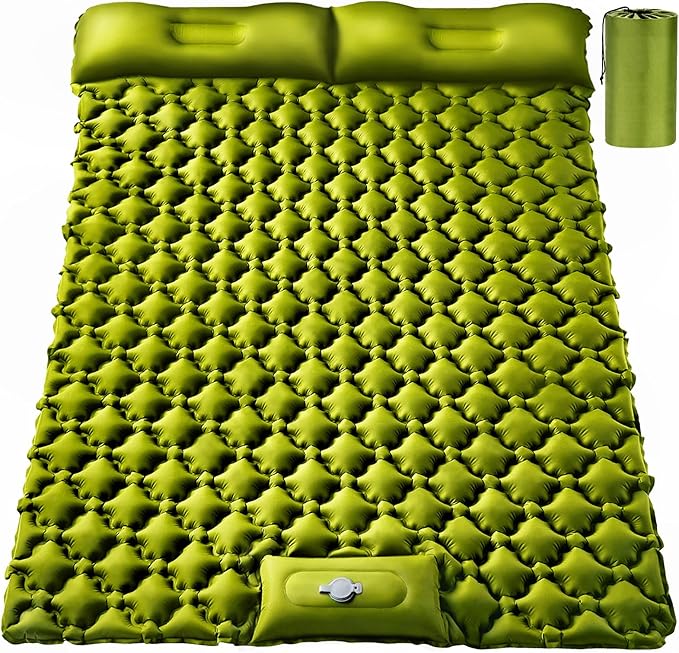 Double Sleeping Pad, Ultralight 4" Extra-Thick Self Inflating Sleeping Mat for 2 Person with Pillow Built-in Foot Pump Por...
