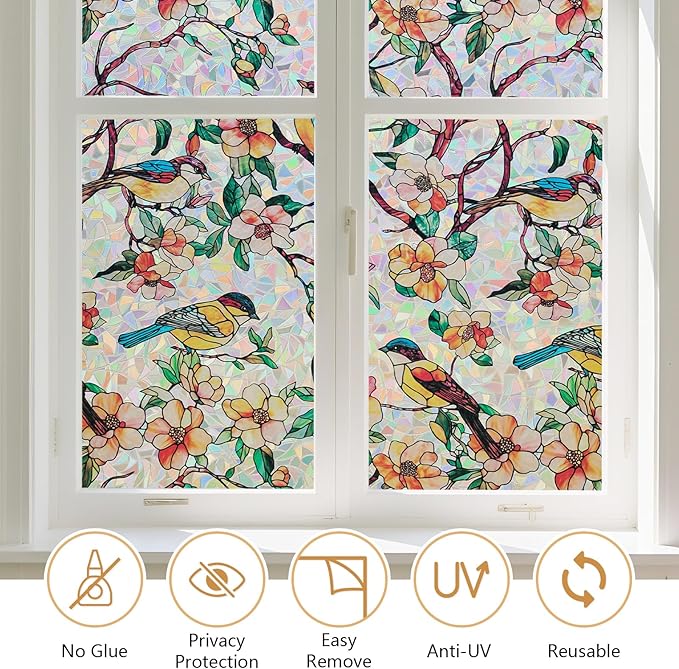Kromapolis Window Privacy Film, Stained Glass Sticker Floral Window Clings, Decorative Static Clings UV Blocking Colorful Decals, Removable Vinyl Covering Rainbow Camellia, 23.6'' x 157.4''