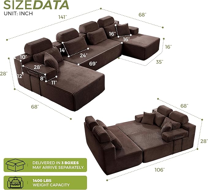 141" U-Shaped Cloud Modular Sectional Sofa with Chaise & Headrest, Boneless Deep Seat Plush Corduroy Couches for Large Living Room, No Assembly Required (Brown, 141" U-shapred Chaise)