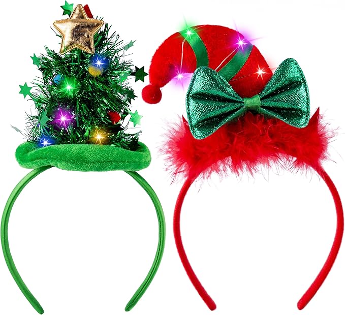JOYIN 2 PCS Christmas LED Headband, Tree and Elf Hat Designs Headband with LED Lights for Christmas Party Decoration