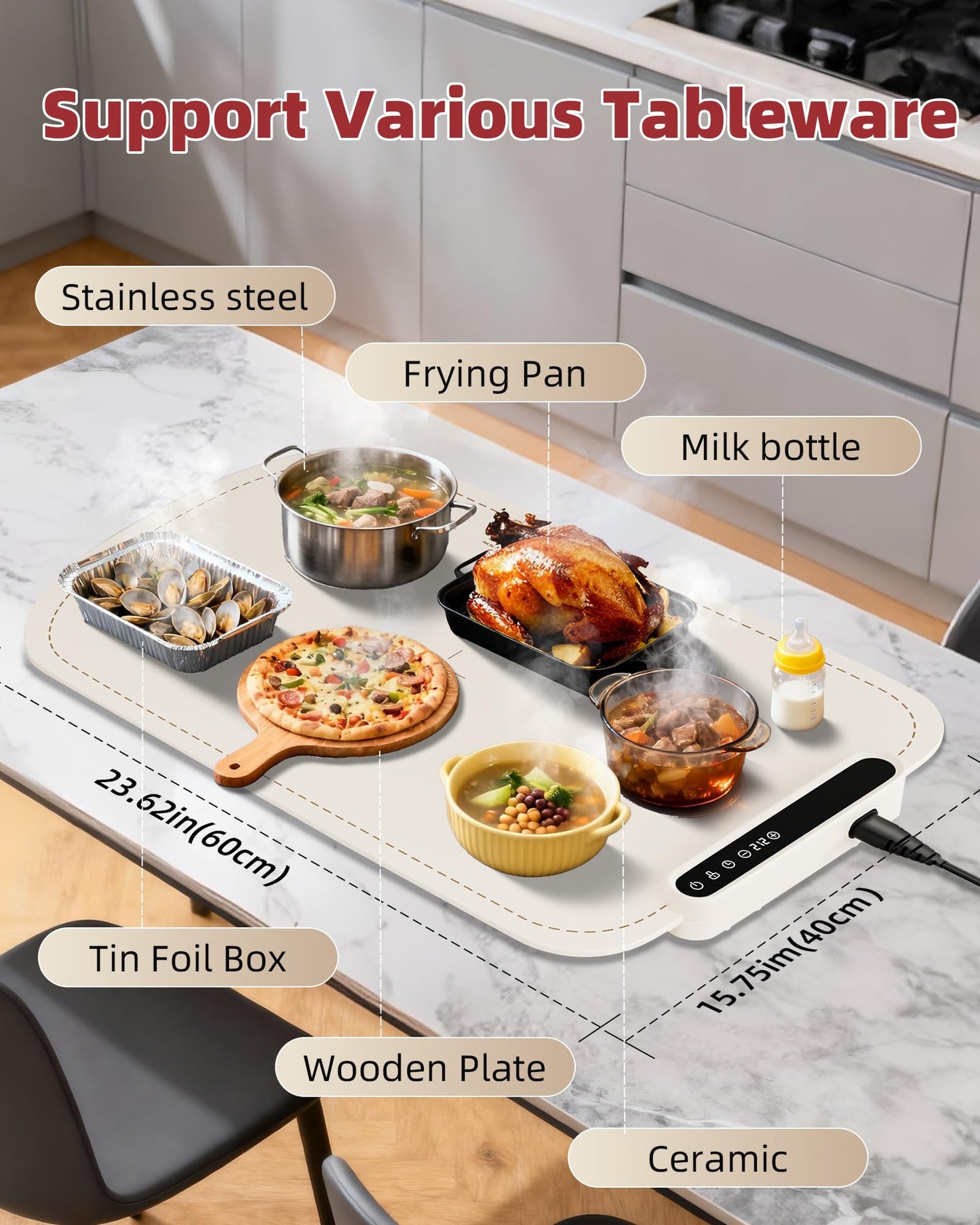 Warming Mat for Food, Upgraded Fast-Heating Electric Warming Tray with 7 Temp Levels & 8 Timers, Buffet Raised Feet & Rollable Silicone Heat Pad, Portable Food Warmer for Home, Party & Travel (Beige)