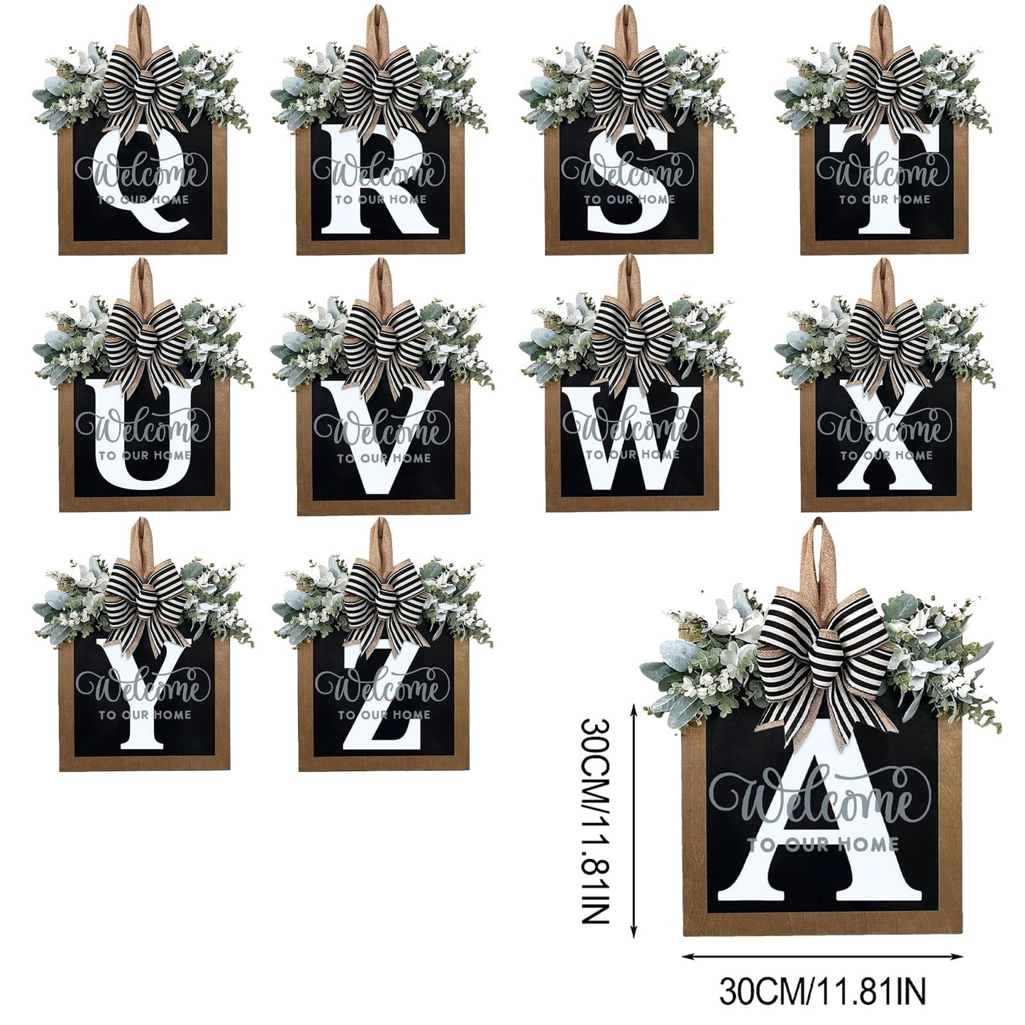 Last Name Year Round Front Door Wreath Front Porch Decoration 26 Letter Welcome Sign with Eucalyptus Garland and Bow Spring Wreaths for Front Door Outside Hanger Garland（S）