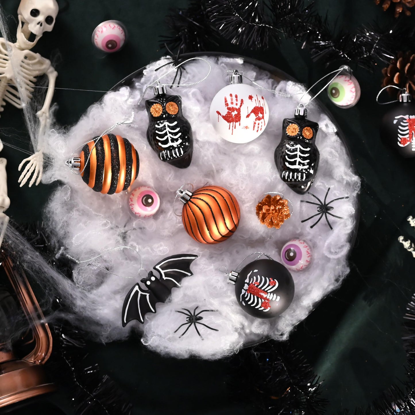 Valery Madelyn Halloween Ornaments Tree Decorations Indoor, 40ct Medium Variety Shatterproof Scary Skeletons Owl Bats Hanging Ball Ornaments Set for Small Tree, Spooky Holiday Party Home Decor