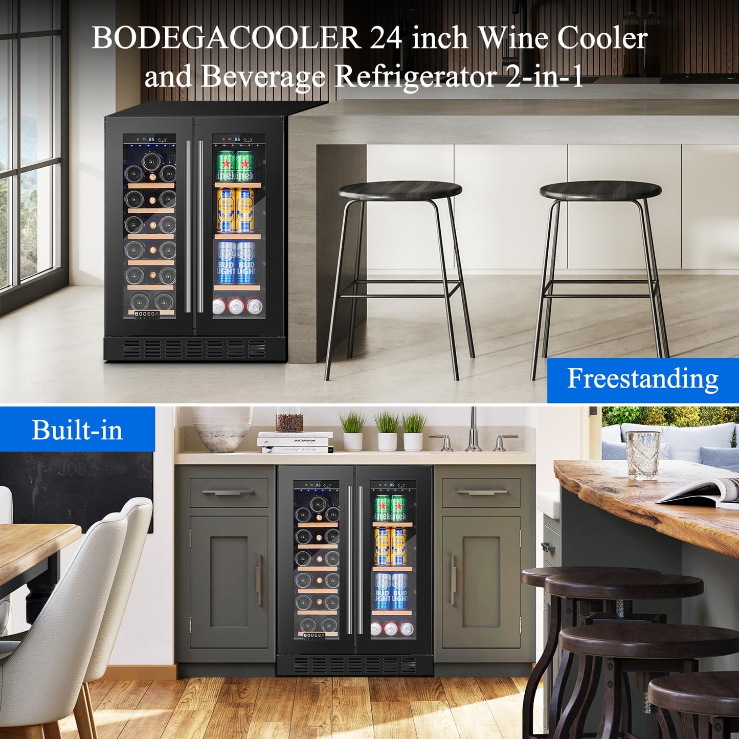 BODEGACOOLER 24 Inch Wine and Beverage Refrigerator Free Standing. Dual Zone Stainless Steel Wine Fridge under Counter, Drink Cooler for Beer, Soda, Champagne, Holds 41 Cans and 17 Bottles, Black