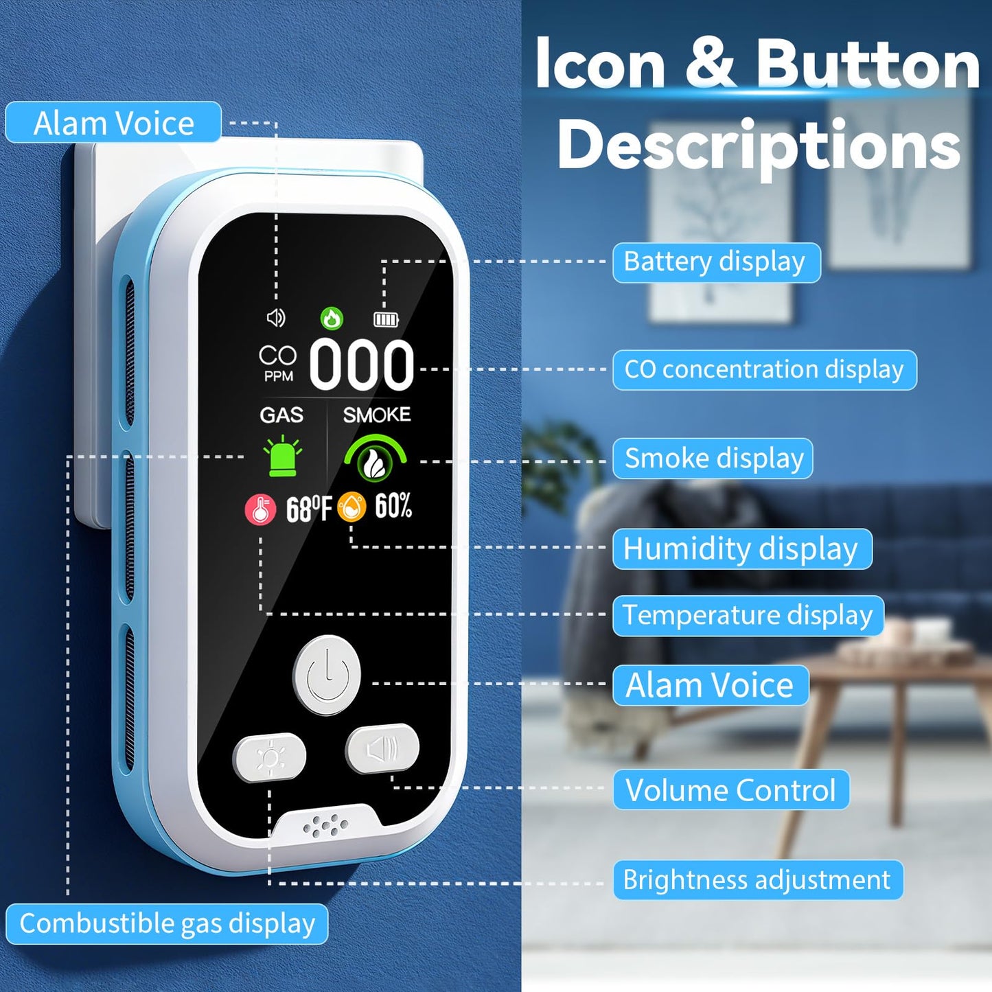 5-in-1 Carbon Monoxide Detector 2 Pack Combo with LCD Display, Detects CO, Natural Gas, Smoke, Temperature, Humidity for Home, Hotel, RV, Apartment Safety, Monoxide Alarm HD Screen