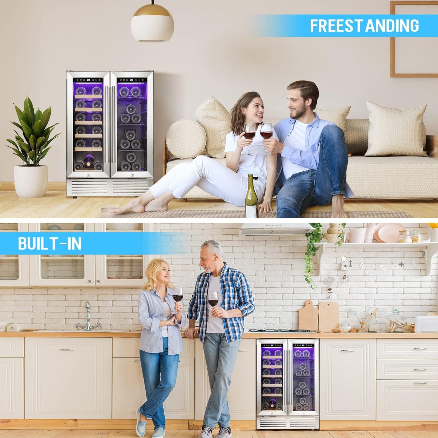 Antarctic Star Wine Fridge,15 Inch Wine Cooler Refrigerator Under Counter(41-68°F),28 Bottles Built-in Dual Zone &Freestanding Wine Refrigerator with Stainless Steel & Double-Layer Tempered Glass Door