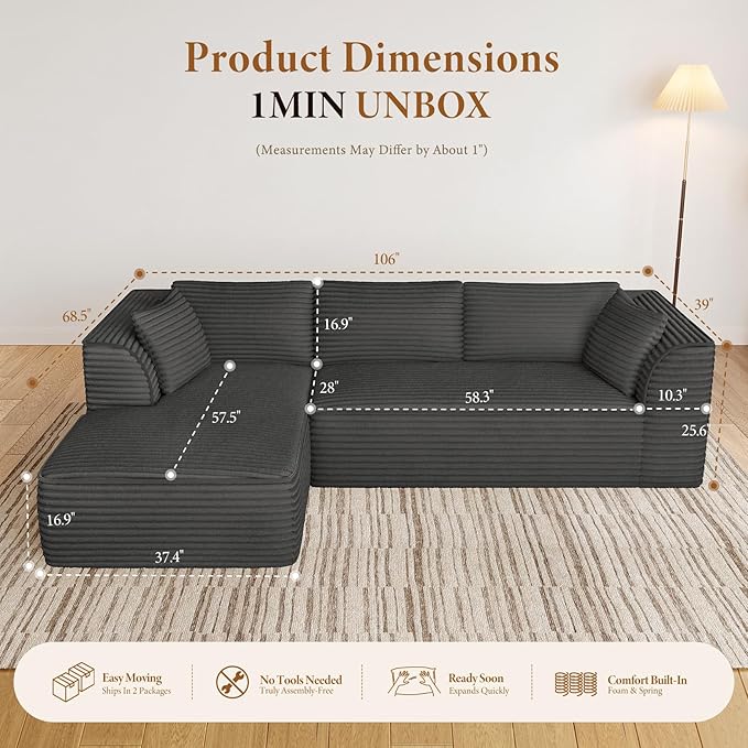 Vesgantti 106" Boneless Couches for Living Room, Deep Seat Cloud Sofa Sectional with Chaise, Corduroy Memory Foam Modular Couch Set, No Assembly Required (Dark Grey, Left-Facing Chaise)