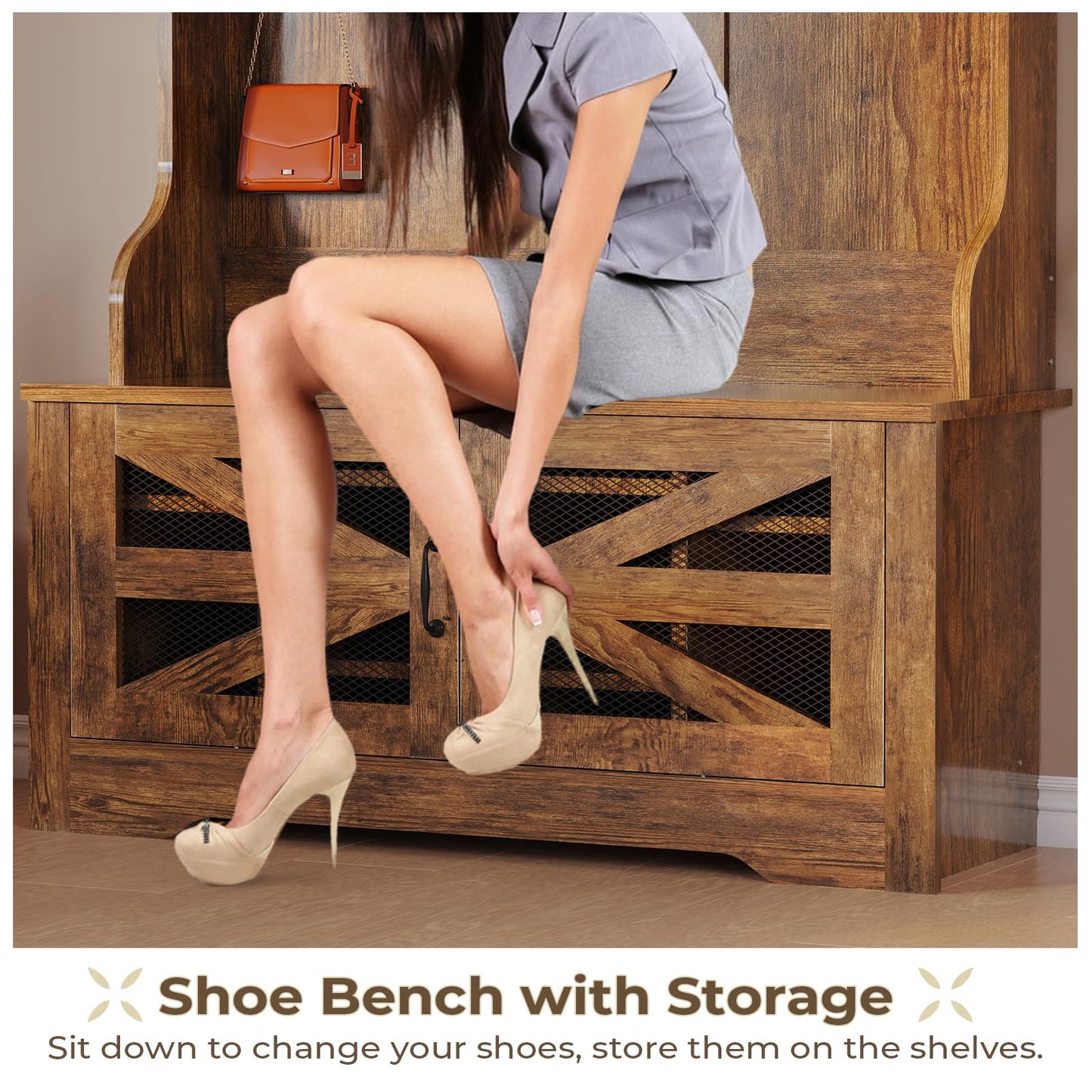 Itaar Hall Tree with Bench and Shoe Storage, 5-in-1 Entryway Bench with Coat Rack, 10 Shoe Cubbies & 9 Coat Hooks, Barn Door & Adjustable Shelf (Rustic Brown)