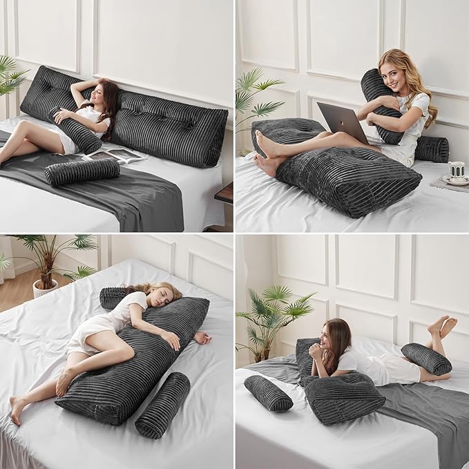 Z-hom King Size Wedge Headboard Pillow with 2 Roll Cushions, Large Reading Pillow for Bed Sitting Up, Triangular Backrest Cushion for Headboard, Supportive Pillow for Back Pain Relief, Grey