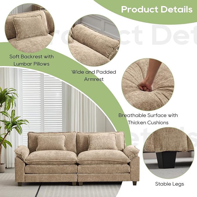 Oprisen 86" Modular Sectional Sofa, Comfy Cloud Couch Sectional Sofa, Chenille Sofa Sleeper Deep Seat Sofa with Throw Pillows for Living Room (Khaki, 86"- Loveseat)