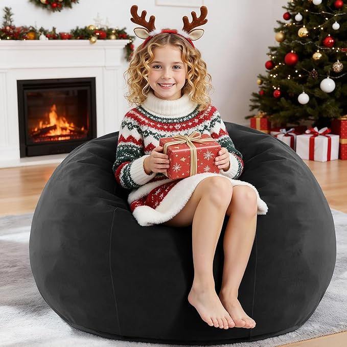 HABUTWAY 2FT Bean Bag Chair, 2' Beanbags Small Bean Bag Chairs with Filling, Teardrop Bean Bag Chair Luxurious Velvet Ultra Soft Fur with Removable Cover (Black)