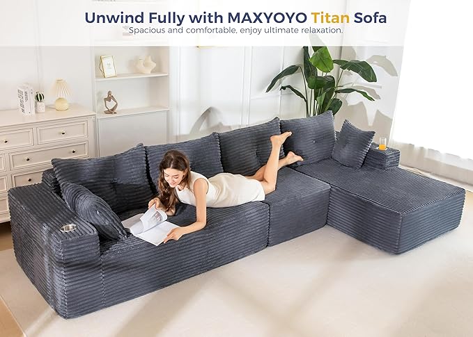 MAXYOYO 132" Oversize Modular Sectional Couch with L-Shape Chaise, Modern Boneless Couch for Living Room, Sofa in A Box, Oversized Sofa Sleeper with Deep Seat, No Assembly Required, Dark Grey