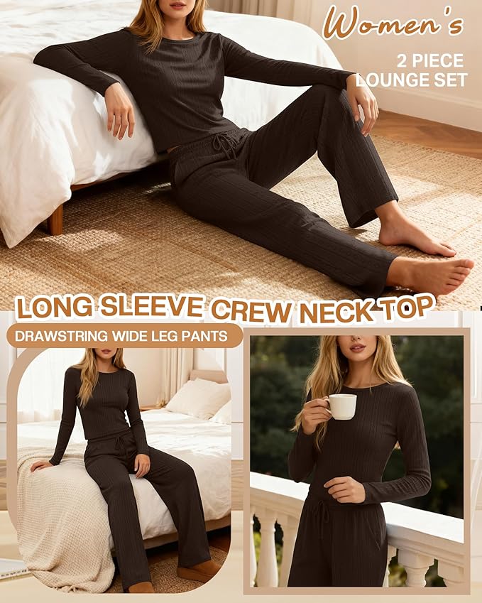 Evervibe Women's 2 Piece Lounge Set Long Sleeve Crew Neck Top Drawstring Wide Leg Pants Casual Tracksuit Matching Set