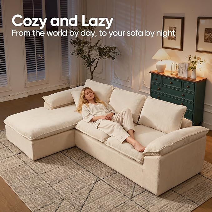 YAAREE 105.6”L Shape Modular Sectional Couch for Living Room, Modern Cloud Sectional 3 Seat Sofa with Oversized Chaise, Woven Texture Upholstery Boneless Couch (Beige, Left Facing Chaise)