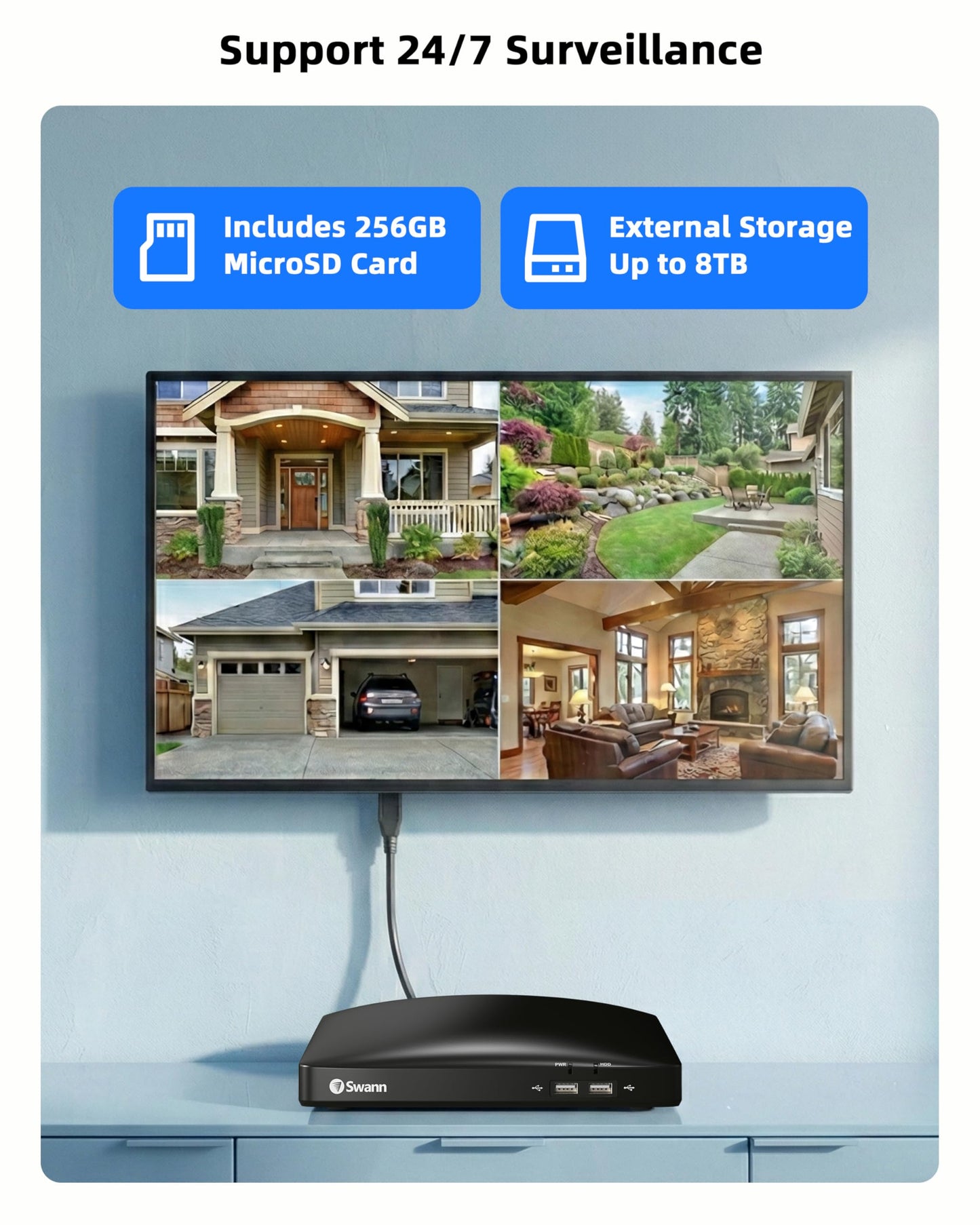 Swann Home Security Camera System,6 Cams H.265 Wired with Person Vehicle Detection, 2k 8CH Surveillance DVR Kit-Deterrent Red & Blue Lights, Color Night Vision,24/7 Recording,8468562KMQB