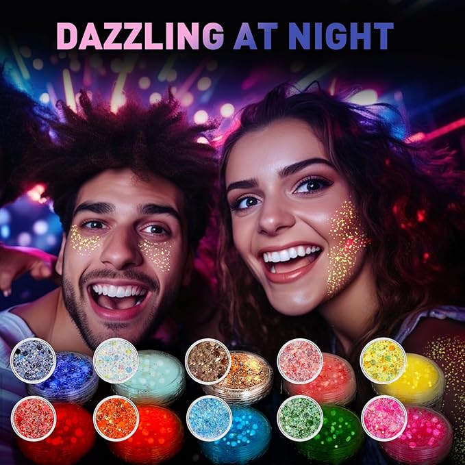 AROIC 40 Colors Body Glitter, Hair Glitter for Kids Women Makeup, Glow in The Dark, Eyeshadow Hair Gel Face Sparkles, Body Makeup for Festivals, Raves, Anime Cosplay, Concerts Festival Face Paint