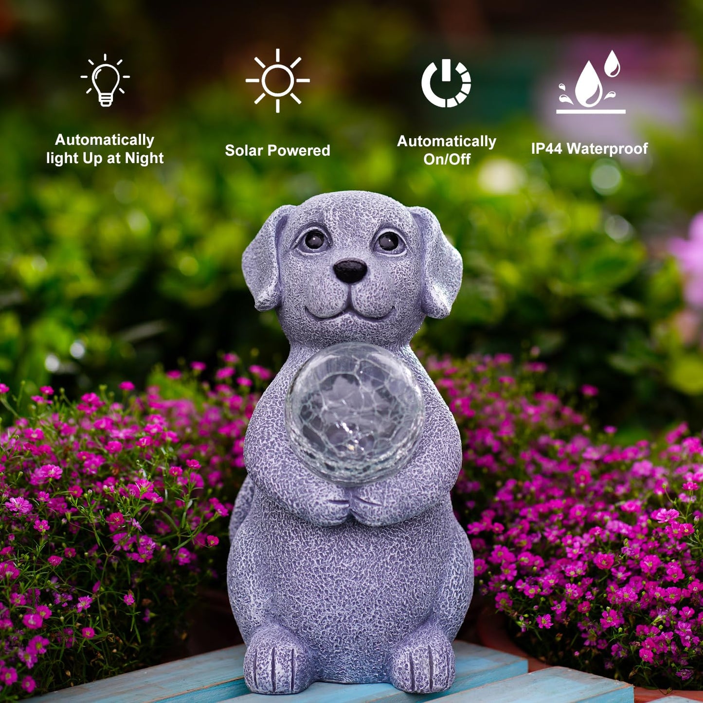 Tiejiajiang Solar Dog Garden Statues - 8.4 "Dog Decor with Gazing Ball Solar LED Lights, Unique Gifts for Mom Grandma Birthdays, Outdoor Decor for Outside Lawn Porch Patio (Gray)
