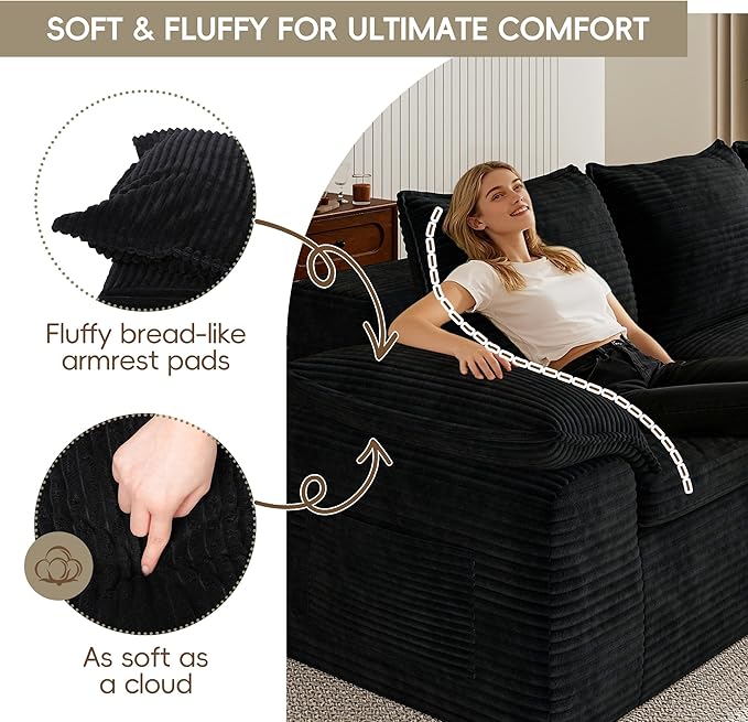 Buytime 104" Comfy Cloud Couch, Convertible Boneless Couches for Living Room, L Shaped Modular Sectional Sofa with Deep Seat, Double-Layer Cloud Cushion and Headrest, Black