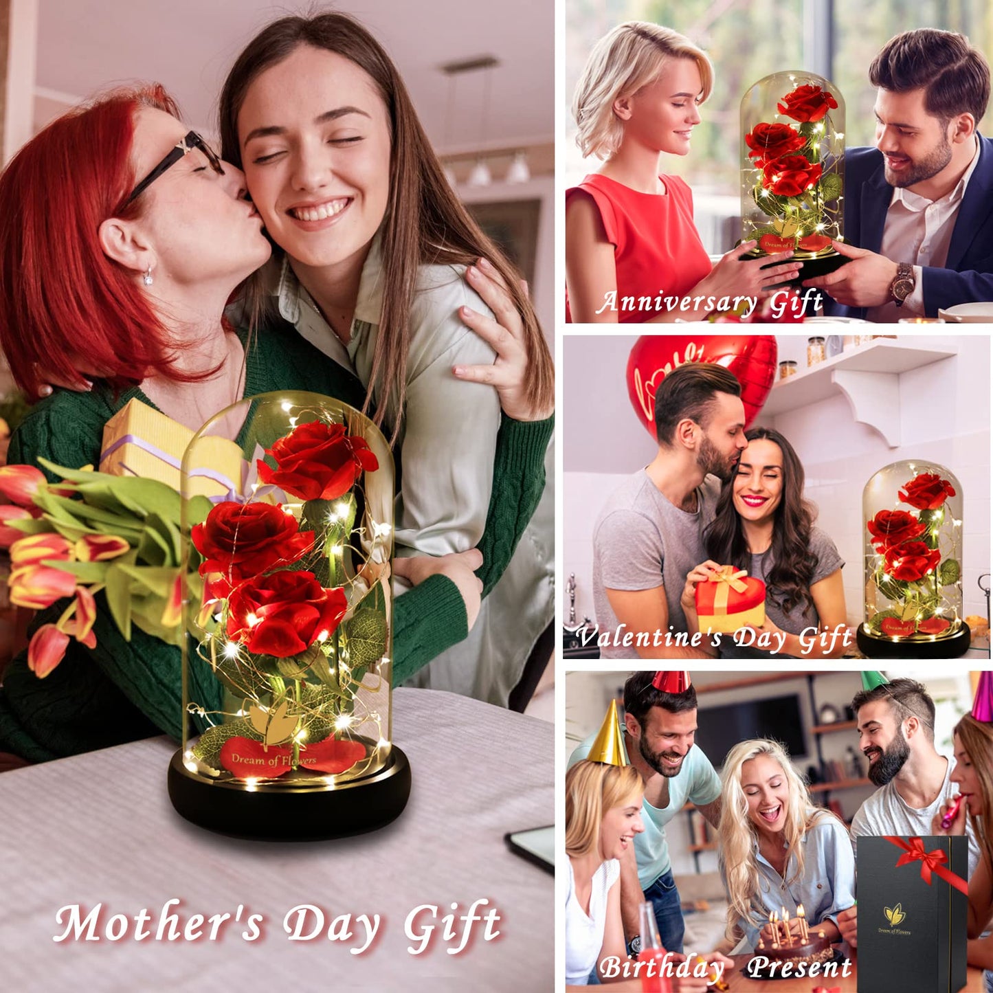 Women Gift Idea Birthday,Unique Gifts for Mom,Beauty and The Beast Rose in Glass Dome with 2 Lights Mode, Birthday Gifts for her,Anniversary Rose Gifts for Wife,Red Silk Rose Flower Gifts for Women