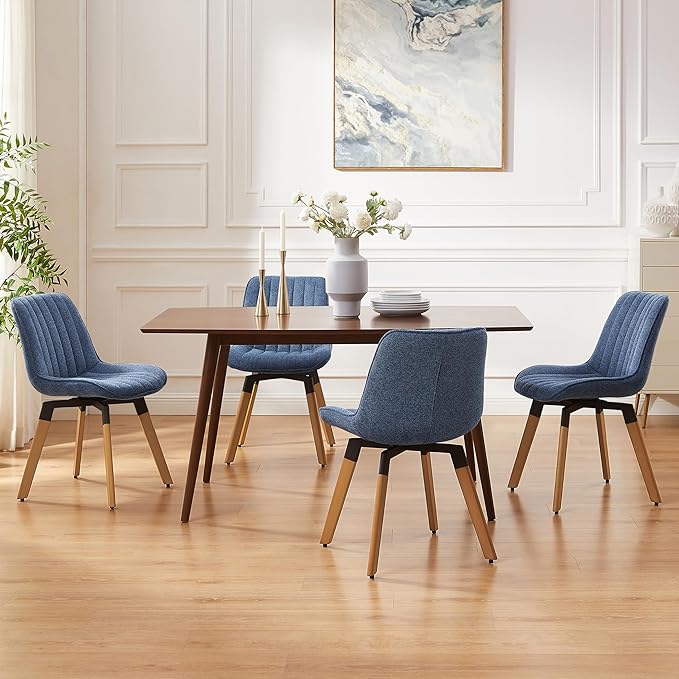Art Leon Dining Chairs Set of 4, Mid Century Modern Swivel Dining Room Chairs, Fabric Upholstered Armless Side Chairs with Wood Legs for Kitchen Living Room Bedroom, Blue