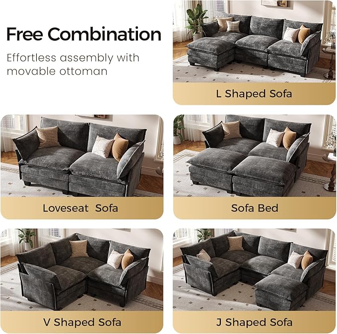 KKL Modular Sectional Sofa, Loveseat 2 Seater Cloud Couch, Chenille Modern Sectional Couches for Living Room, Apartment Grey