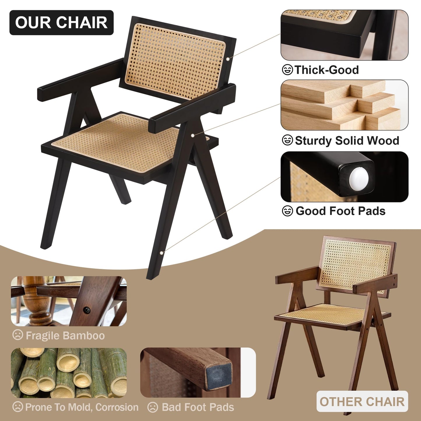 comfy to go Cane Dining Chairs Set of 4, Rattan Kitchen Chairs Black for Dining Room with Armrest