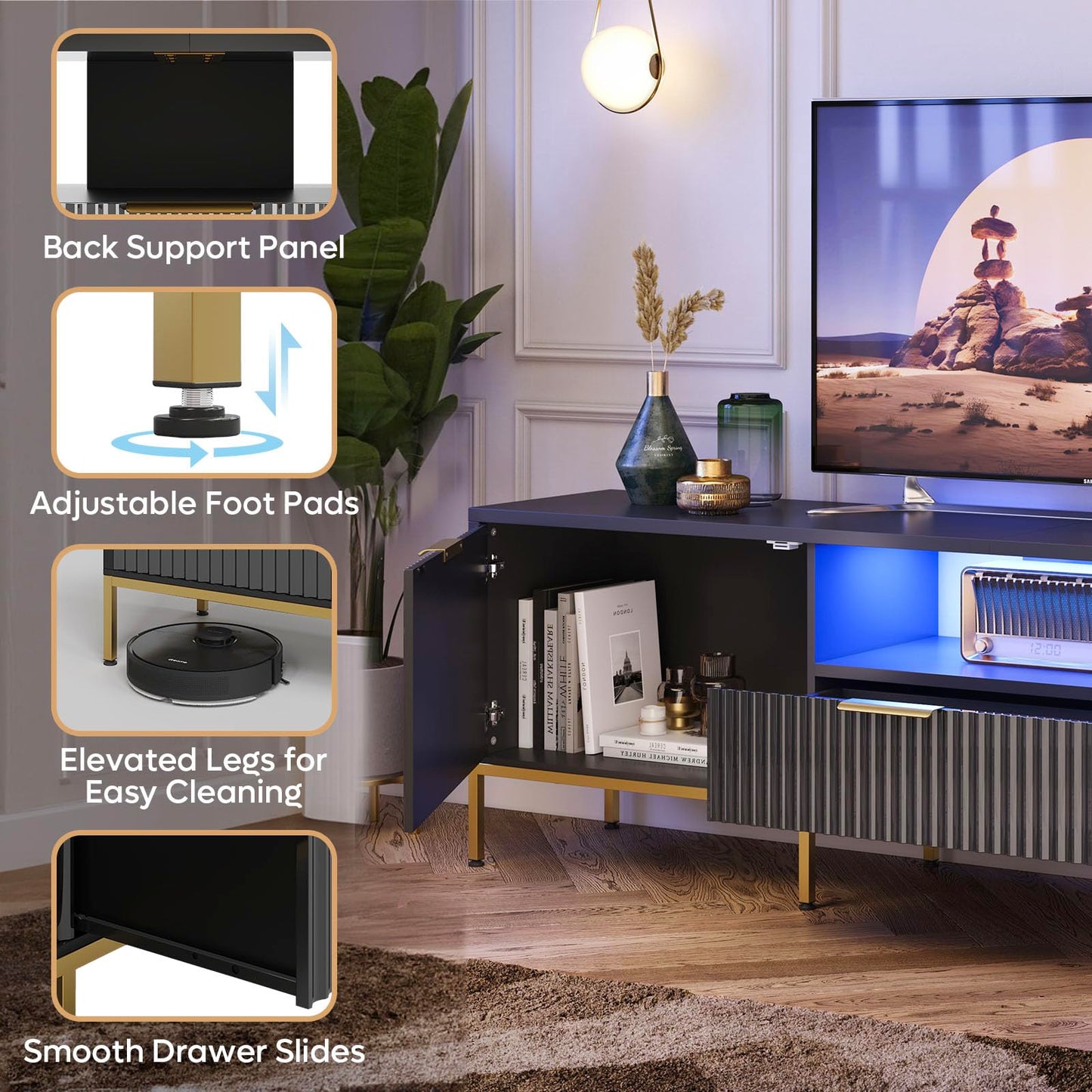 Bestier 70” Fluted TV Stand with LED Lights, Black TV Stand for TVs Up to 80", Modern Entertainment Center with Storage, TV Console, Media Console for Living Room Bedroom