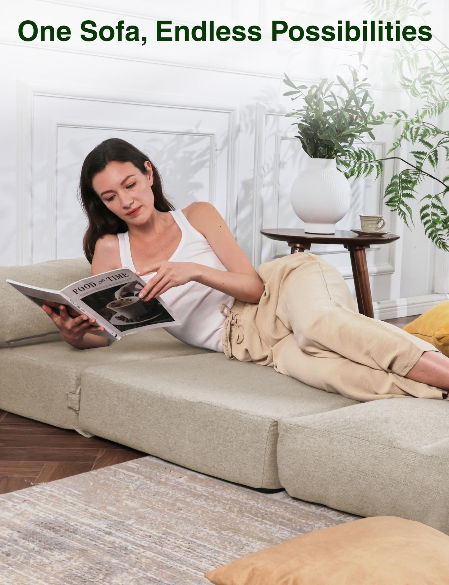 ZonLi Folding Sofa Bed,Convertible Futon Sofa Bed Mattress Sleeper Chair Single Size,Memory Foam Futon Sofa Couch with Washable Cover,for Living Room,Dorm (Beige, Single)
