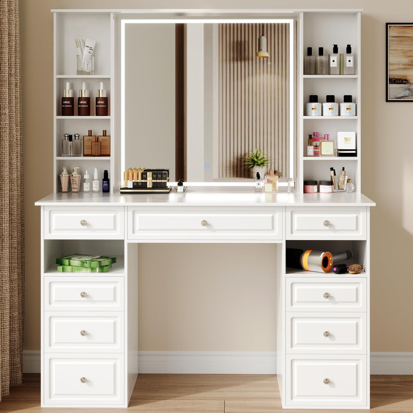 Makeup Vanity Desk with Mirror and Lights, 47" Large Vanity Table with 9 Drawers & 10 Open Storage Shelves, Brightness Adjustable, Dressing Table for Bedroom, Women Girl (White, A Panel)