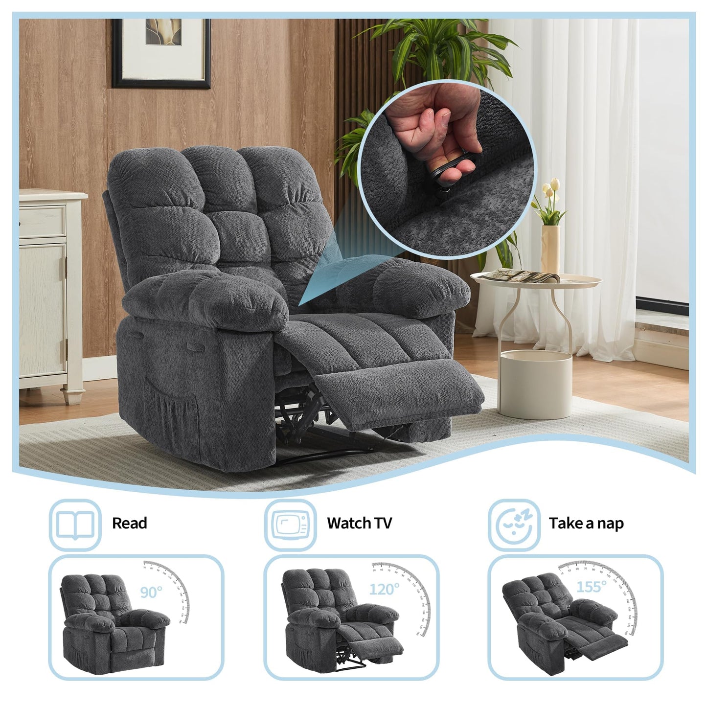Massage & Heating Recliner Chair for Adults, 150° Manual Oversized Recliner with Extra Wide Plush Seat, Overstuffed Comfortable Single Sofa for Living Room Bedroom Home Theater for Relaxation