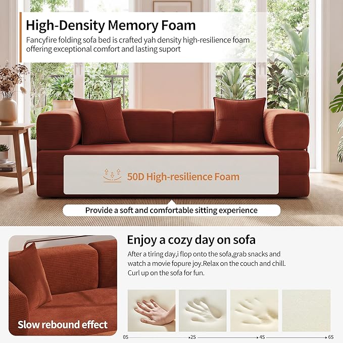Fancyfire 78.8" Convertible Sofa Bed with Armrest Pillow,4-in-1 Sleeper Couch Bed for Livingroom,Modular Corduroy Boneless couches,No Assembly (Orange)
