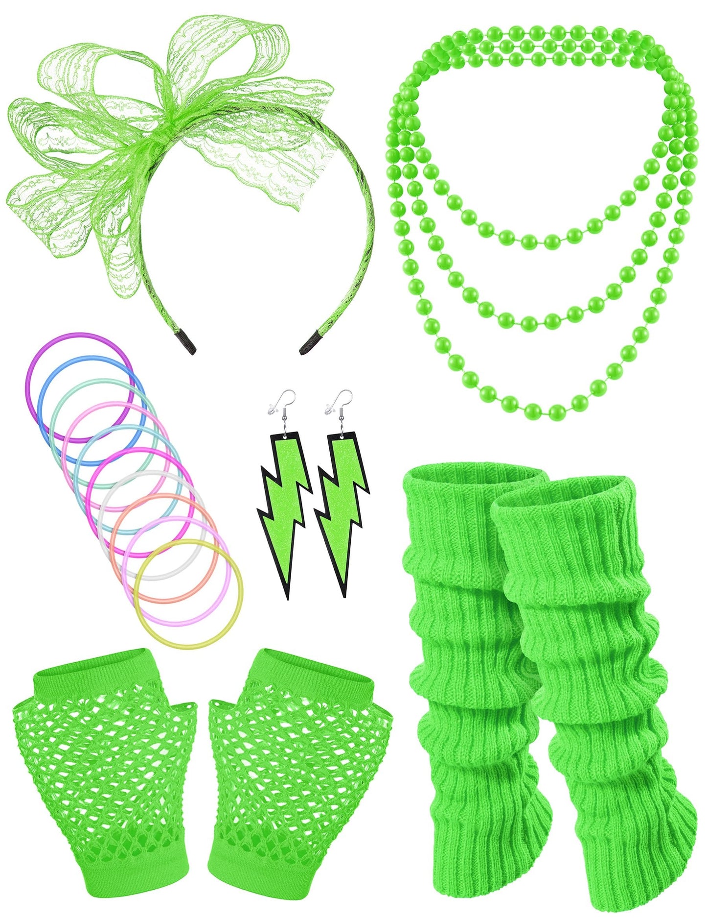 Missanabie 80S Fancy Dress Costume Accessories Headband Errings Fishnet Gloves Necklace Bracelt Leg Warmers Party Outfit Set(GN)