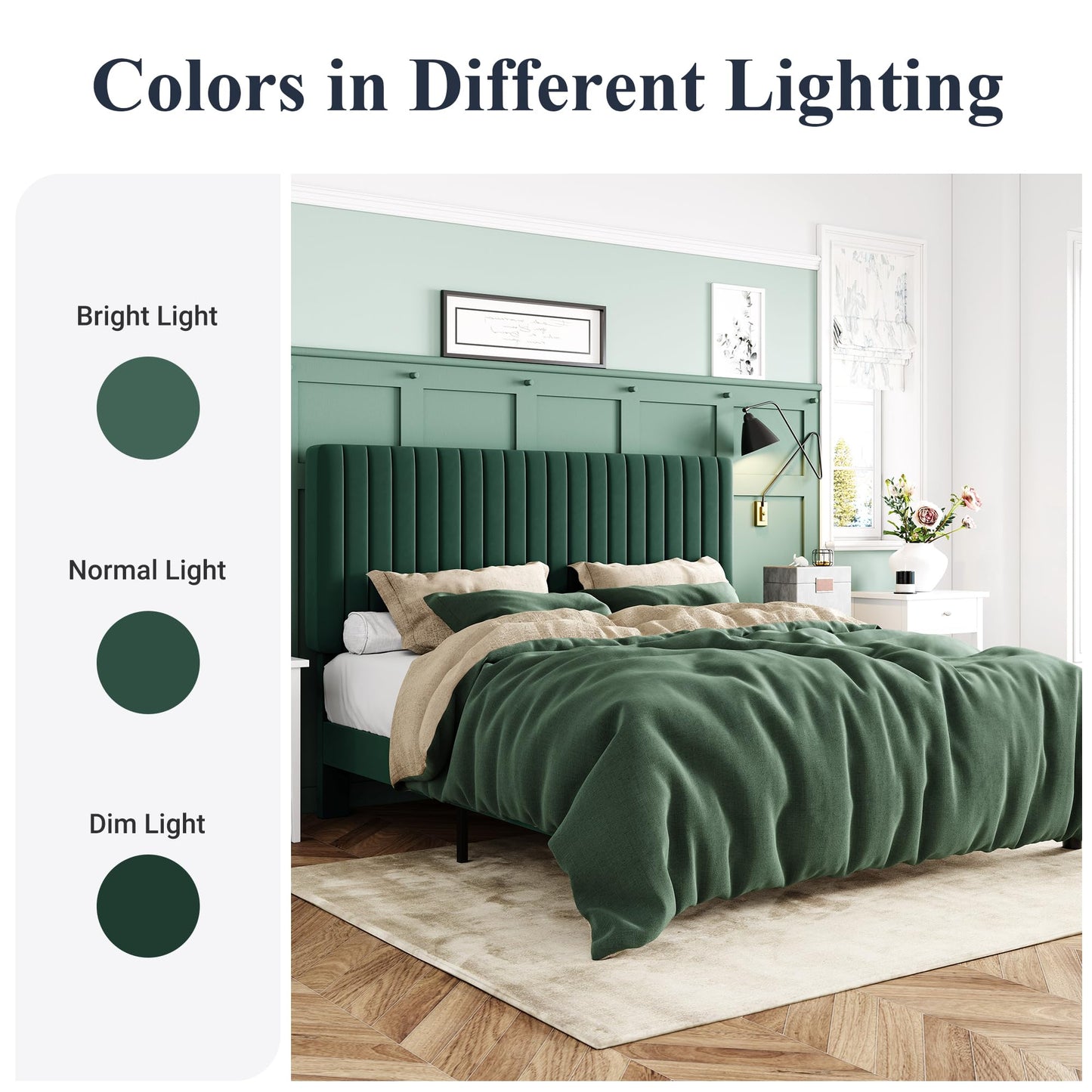 Allewie Queen Bed Frame, Velvet Upholstered Platform Bed with Adjustable Vertical Channel Tufted Headboard, Mattress Foundation with Strong Wooden Slats, Box Spring Optional, Easy Assembly, Green