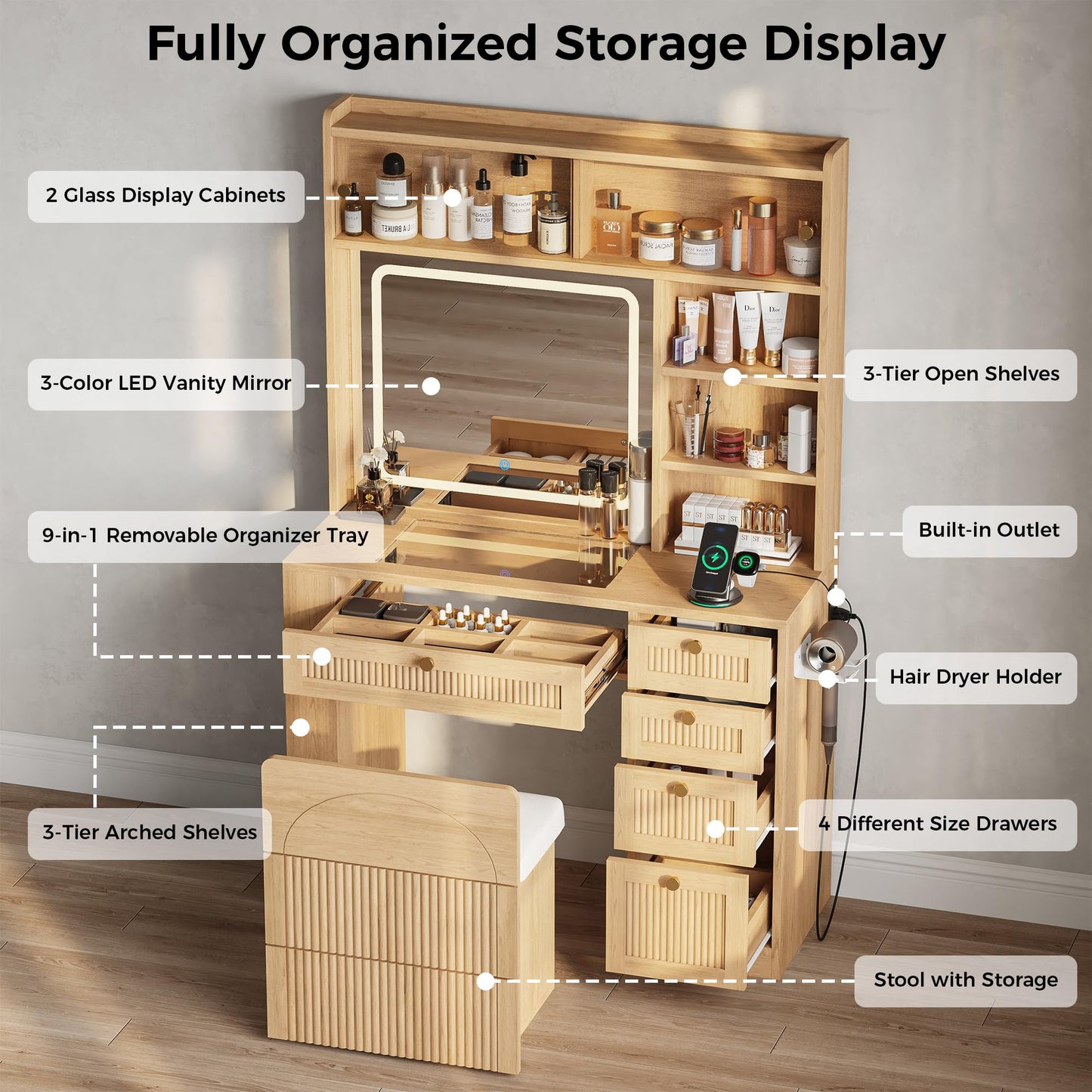 IRONCK Vanity Set with Stool, Makeup Vanity with LED Lighted Mirror, See-Through Drawer, Charging Station, Dressing Table with 4 Drawers and Open Shelves, White/Natural Wood