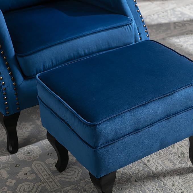 chairus Mid-Century Modern Accent Chair with Ottoman, Comfy Velvet Single Sofa Chair Button Tufted Wingback Armchair with Pillow for Living Room/Bedroom/Club - Blue