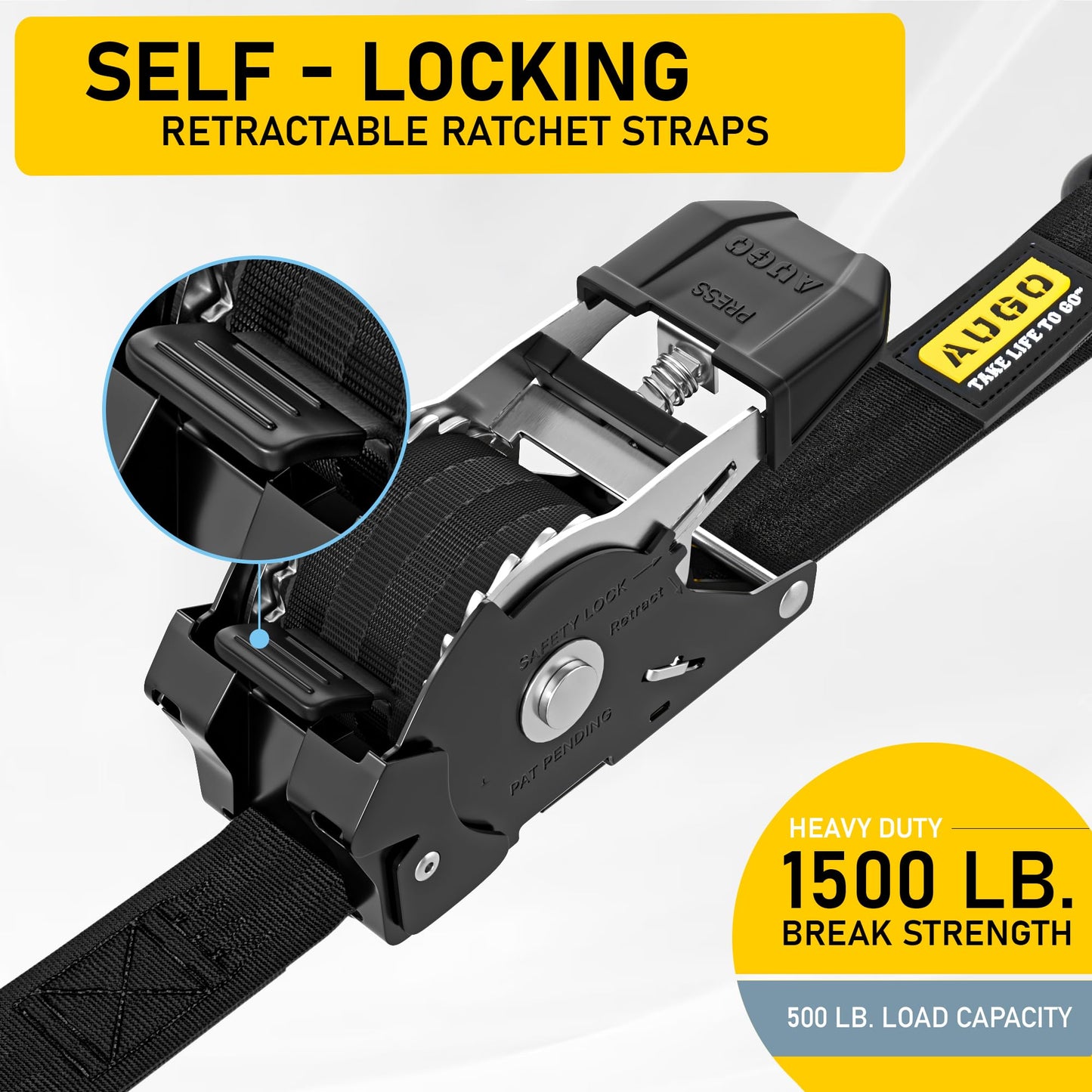 AUGO Self-Locking Retractable Ratchet Straps | 4 Heavy Duty Self-Tensioning Retractable Tie Down Straps with Soft Loops & Storage Bag | for Motorcycle, Truck, Cargo | 1500Lb Break Strength 1” x 12’