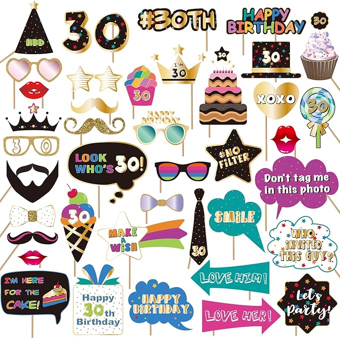 BRT Bearingshui 30th Photo Booth Props, Birthday Party Accessories & Signs